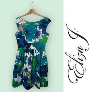Eliza J Blue and Green Floral Fit & Flare Dress,‎ Size 8, MSRP $158